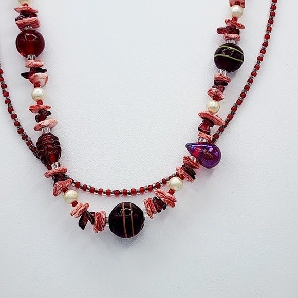 Murano Style Art Glass & Sea Shell Necklace 17"  Double Strand Seed Bead Pearls - Picture 3 of 4